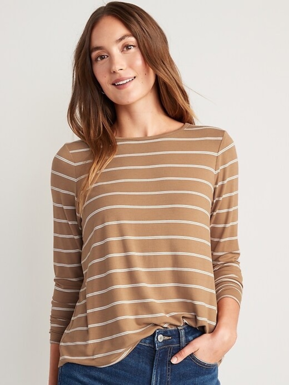 Ralph Lauren Camel White Striped Boatneck Top Button Shoulder Knit Size M